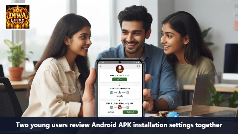 Two young users review Android APK installation settings together