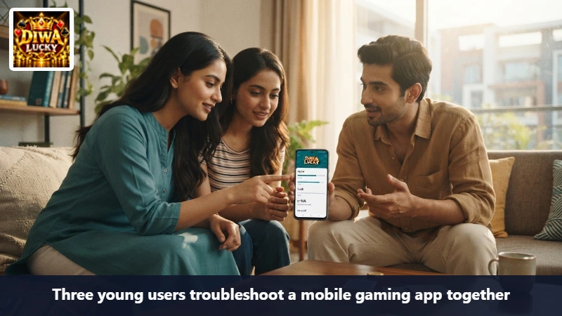 Three young users troubleshoot a mobile gaming app together