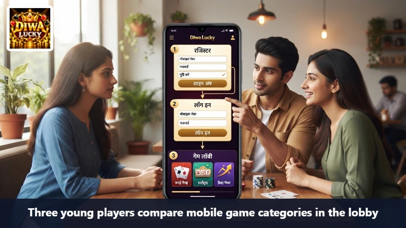 Three young players compare mobile game categories in the lobby