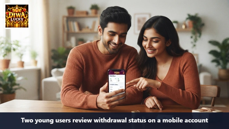 Two young users review withdrawal status on a mobile account